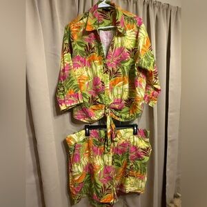 Jessica Simpson Green and Pink Leaf Print Set